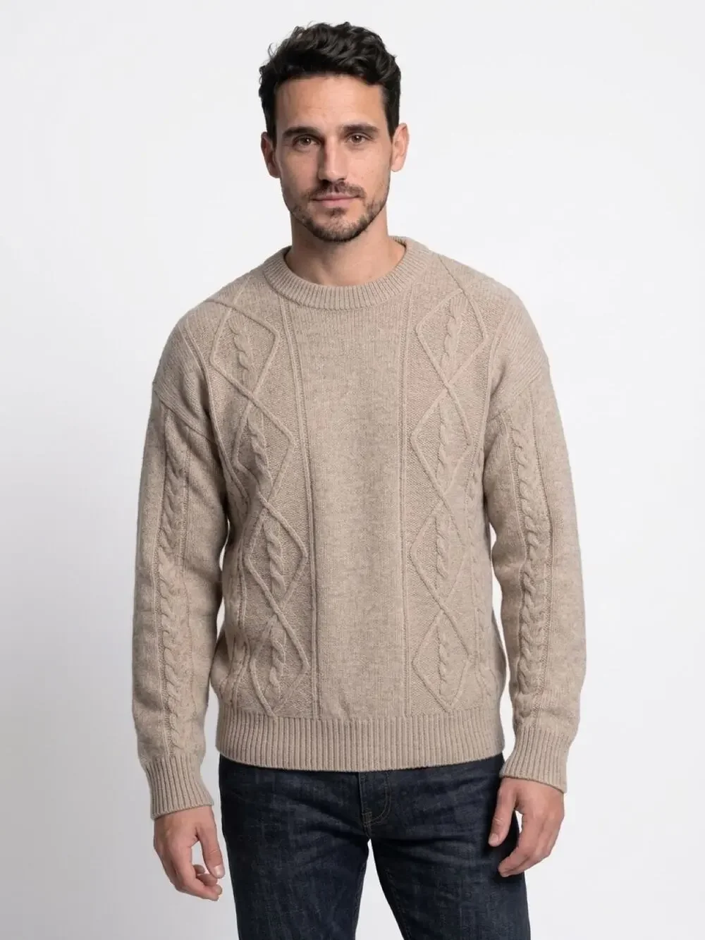 Karaka Creek Sweater Mens M Beige Merino Wool Cable Knit Crew Neck Pullover